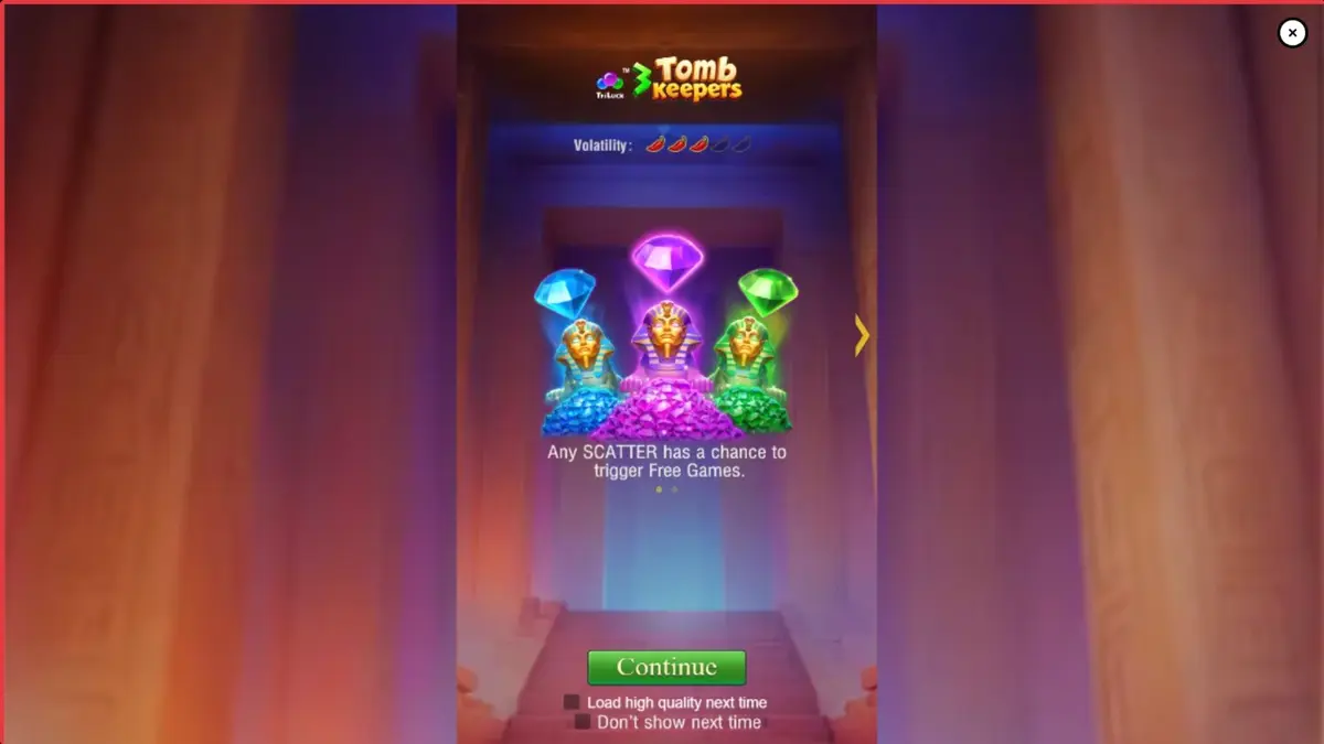 Cena de jogo do slot 3 Tomb Keepers com estátuas de faraós e símbolos egípcios.