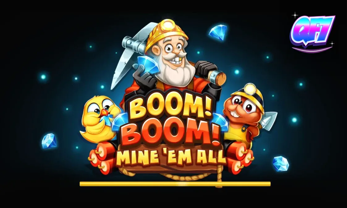 Cena de jogo do slot Boom! Boom! Mine ‘Em All com elementos de mineração e dinamite