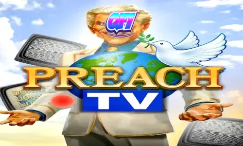 Interface do jogo Preach TV com o televangelista no centro